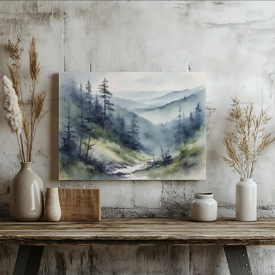 Misty Mountain Canvas Wall Art | Foggy Pine Tree Watercolor Painting | Premium Thick Gallery Wrap | Calming Nature Wall Decor for Living Room Gift
