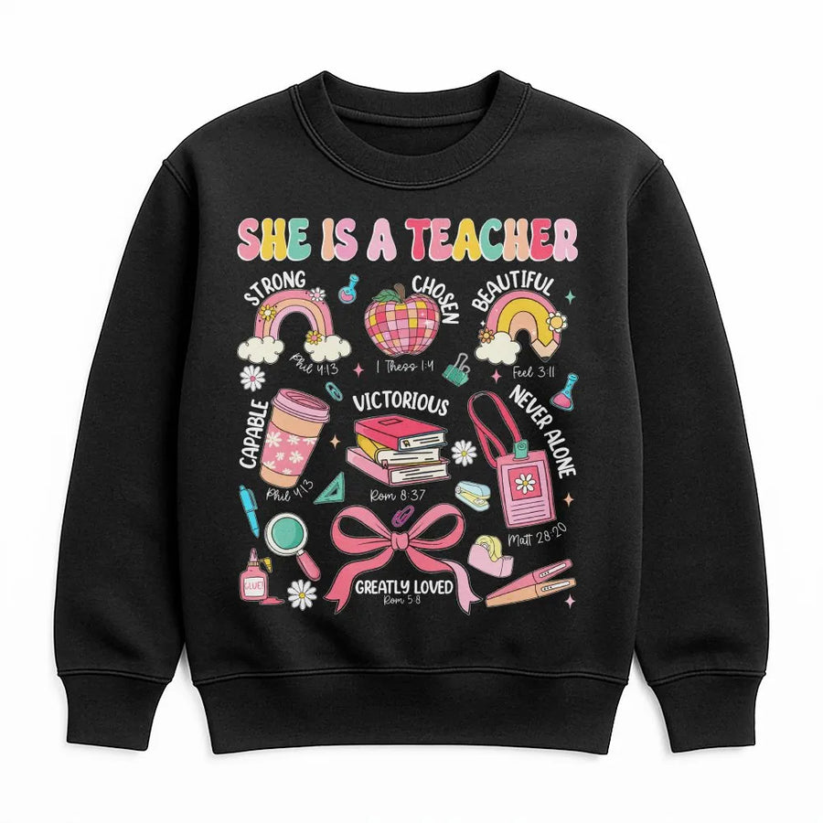 Christian Teacher Sweatshirt | She Is A Teacher Retro Graphic | Soft Cotton Blend Pullover | Inspirational Gift for Educator, Back to School Apparel