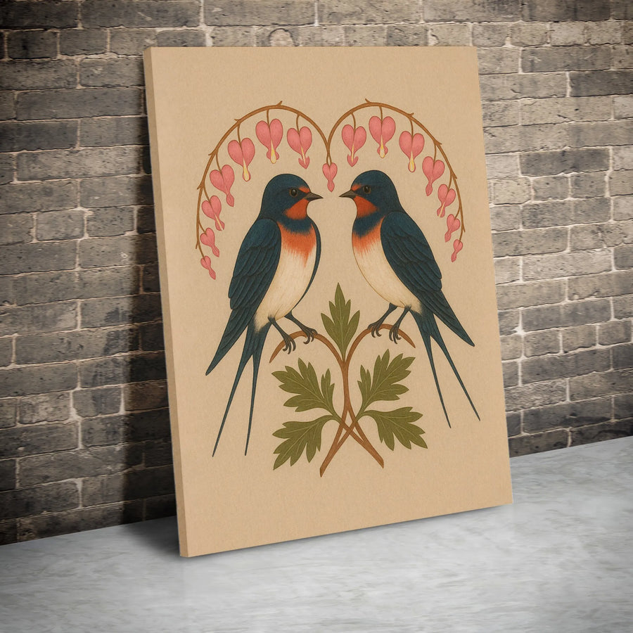 Barn Swallow Bird Wall Art | Botanical Bleeding Heart Floral Print | Premium Gallery Canvas | Nature Lover Home Decor Gift
