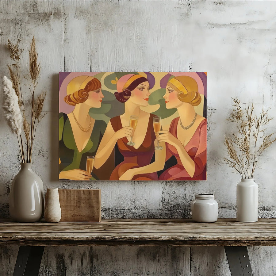 Art Deco Canvas Wall Art | 1920s Flapper Girls Champagne Print | Premium Fade-Resistant Print | Collector's Home Decor Gift
