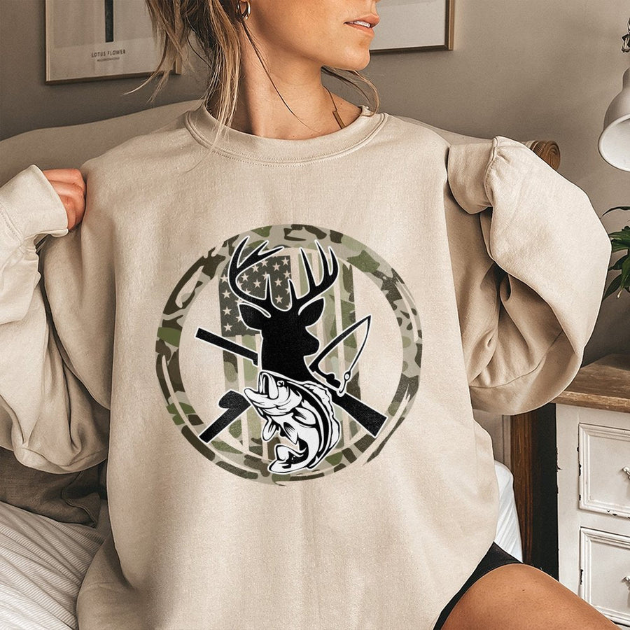 Hunting Fishing American Flag Sweatshirt | Deer Antler Camo Graphic | Premium Cotton Blend | Gift For Outdoorsmen And Hunters