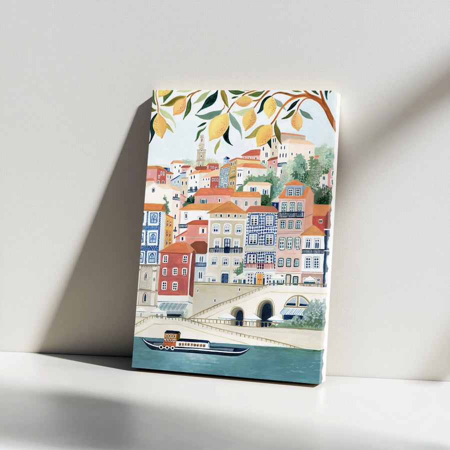 Porto Portugal Canvas Print | Lemon Tree Cityscape Illustration | Premium Gallery Wrapped Canvas | European Travel Lover Gift