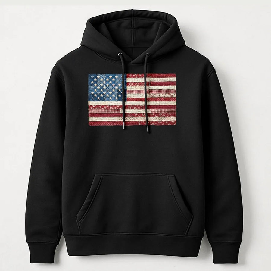 American Flag Hoodie | Vintage Patchwork Graphic Pullover | Cozy Cotton Blend | Fourth of July Patriotic Gift for Men & Women