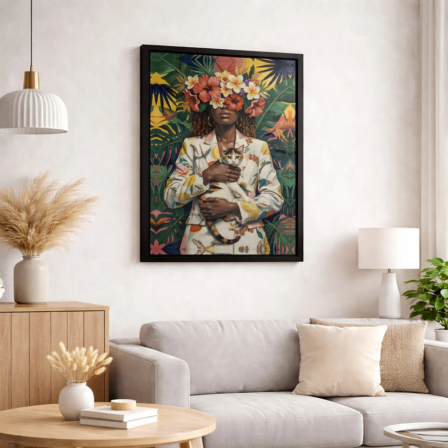 Black Woman Art Print with Calico Cat | Tropical Floral Crown Portrait | Premium Gallery Canvas | Vibrant Home Decor Wall Art Gift