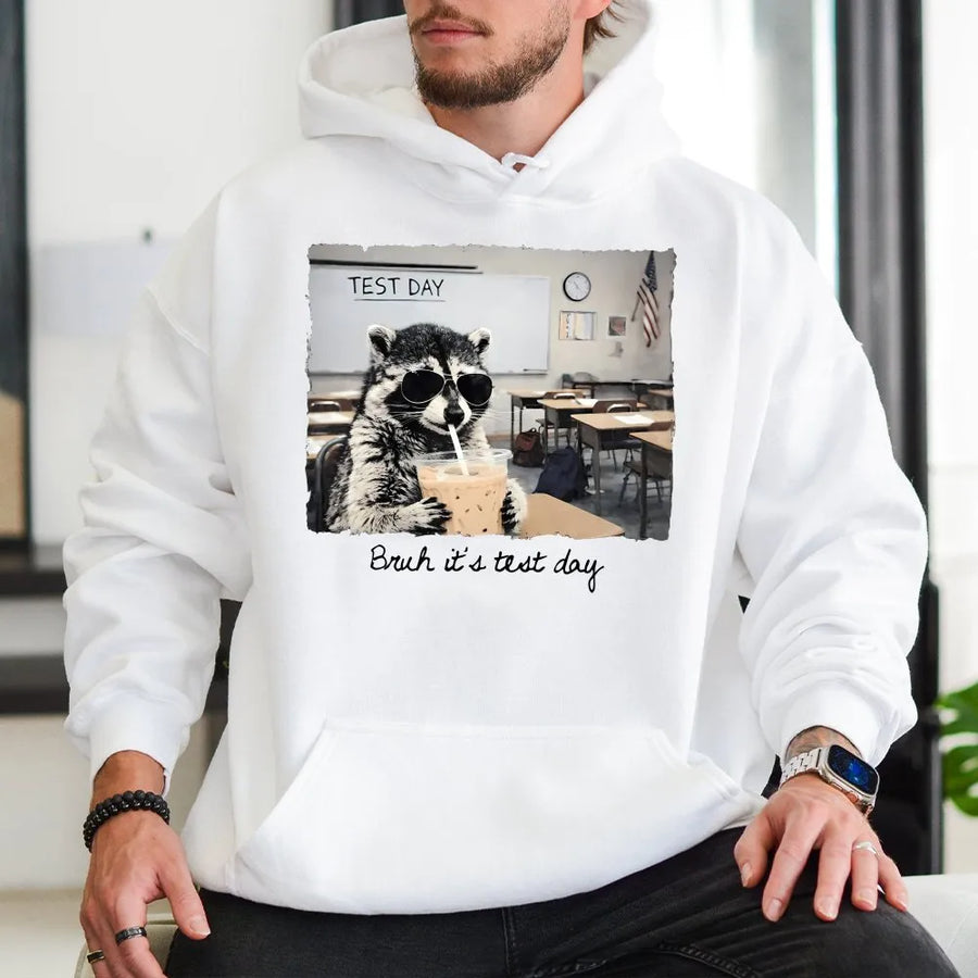 Funny Test Day Hoodie | Raccoon Graphic "Bruh It's Test Day" | Cozy Teacher Crewneck | Student Motivation Gift for Final Exams