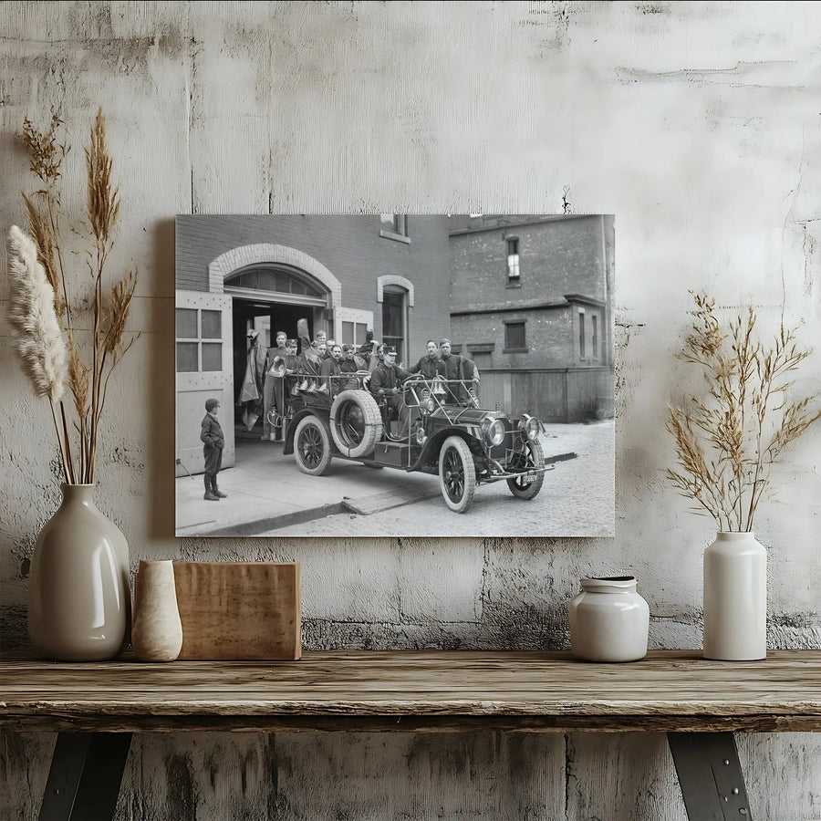 Vintage Firefighter Canvas Wall Art | Antique Fire Engine Photo Print | Gallery Wrapped Premium Decor | Historical Firehouse Gift for Him