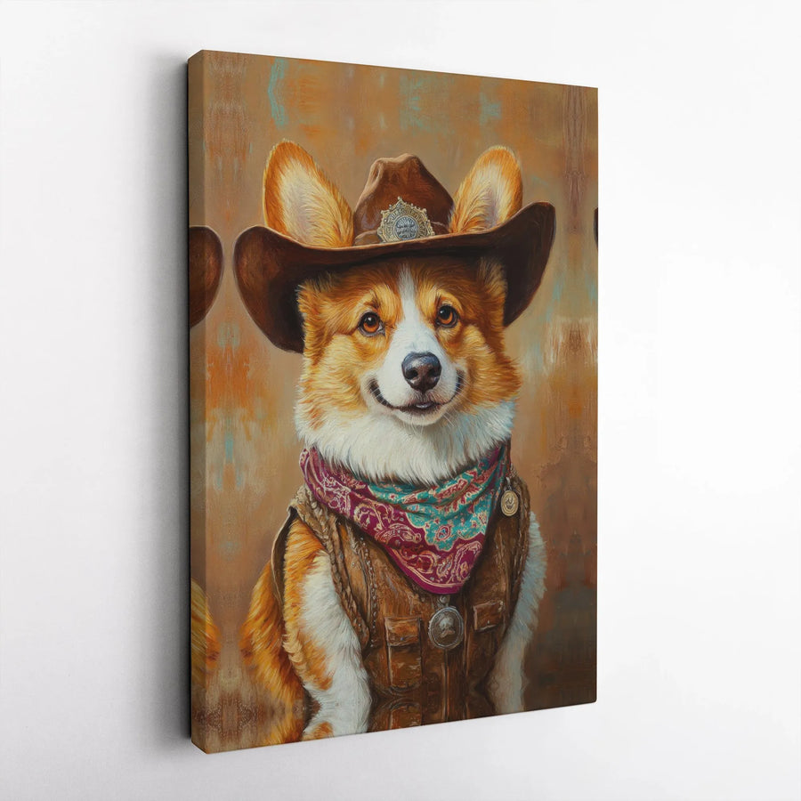 Cowboy Corgi Canvas Wall Art | Western Dog Portrait Painting | Premium Gallery Wrap Print | Gift for Corgi Lover & Ranch House Decor