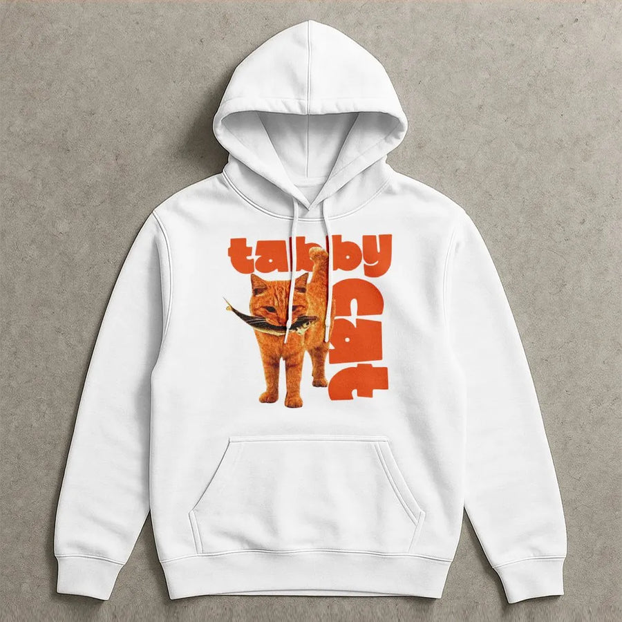Tabby Cat Hoodie | Funny Orange Kitten Eating Fish Graphic | Premium Cotton Blend Sweatshirt | Unique Animal Lover Gift for Cat Mom