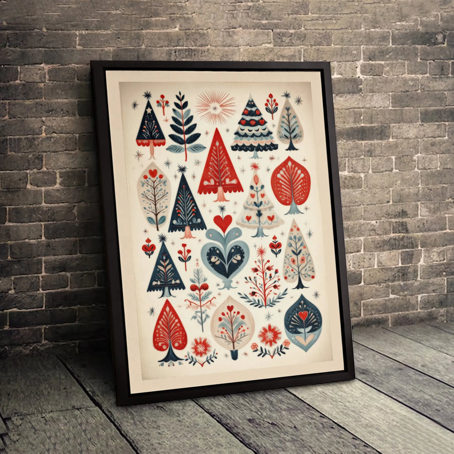Scandinavian Christmas Tree Canvas Wall Art | Vintage Folk Art Illustration | Premium Gallery Wrapped Print | Holiday Home Decor Gift