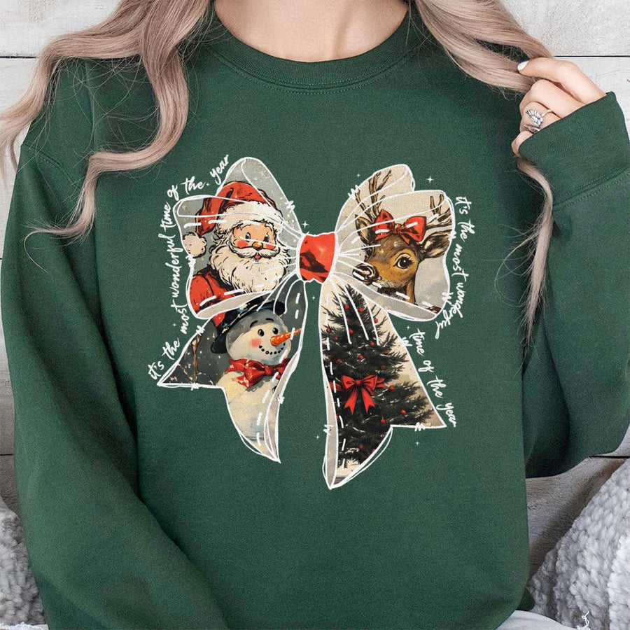 Christmas Coquette Bow Sweatshirt | Vintage Santa Reindeer Graphic | Premium Cotton Blend Crewneck | Holiday Gift For Her