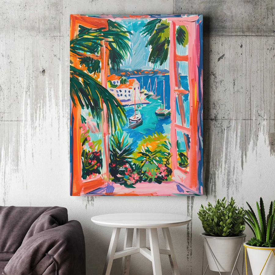 Vibrant Coastal Scene Vertical Canvas | Fauvism Inspired Window View | Premium Thick Gallery Canvas | Living Room & Bedroom Wall Decor Gift