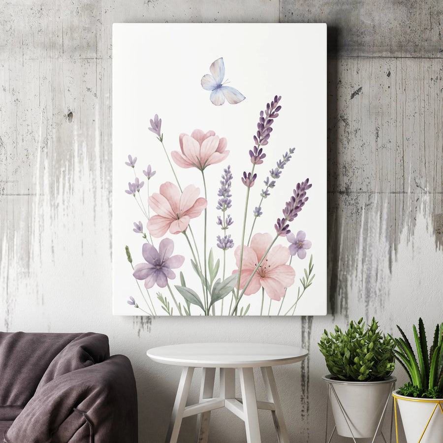 Watercolor Wildflower Canvas Print | Lavender and Butterfly Wall Art | 1.25-Inch Premium Gallery Profile | Floral Botanical Home Decor Gift