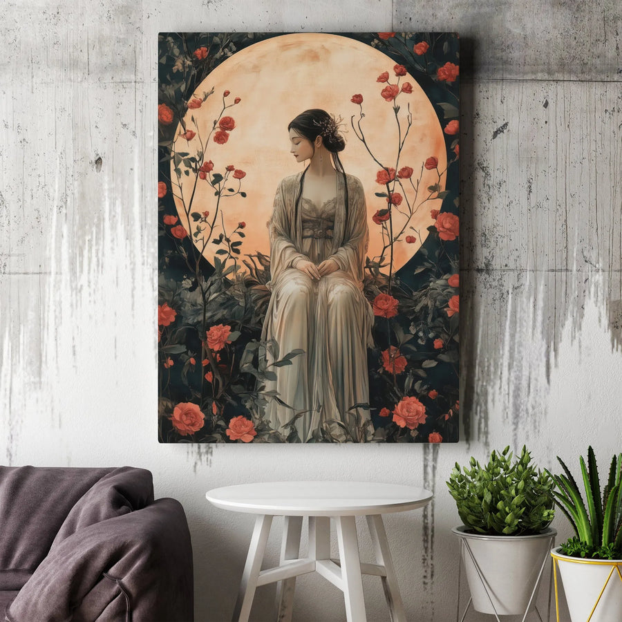 Ethereal Moonlit Maiden Canvas | Red Rose Botanical Wall Art | Premium Gallery Wrap Print | Whimsical Oriental Home Decor Gift