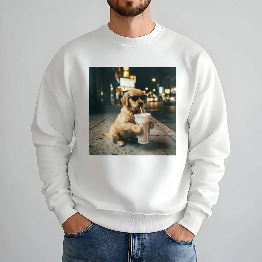 Golden Retriever Iced Coffee Sweatshirt | Funny Puppy with Sunglasses Graphic | Premium Comfort Crewneck | Gift for Dog Mom