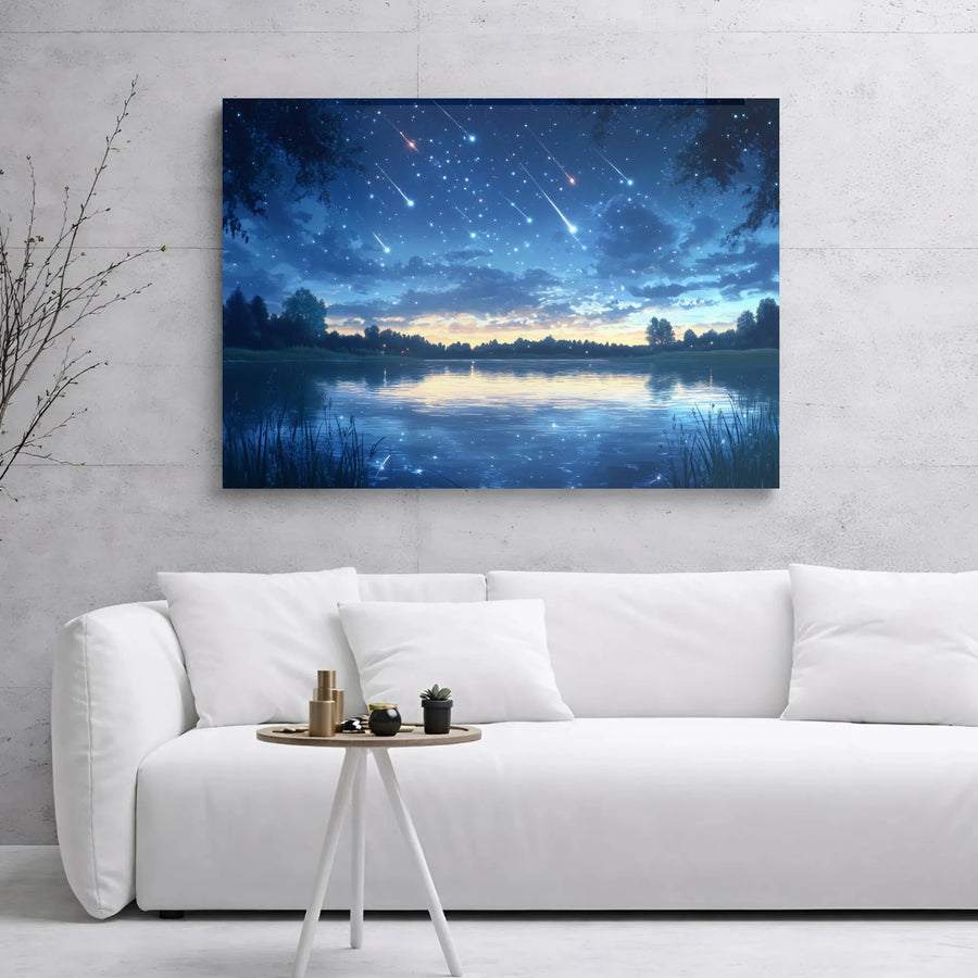 Starry Night Lake Canvas Print | Anime Style Meteor Shower Wall Art | 1.25" Gallery Wrap Premium Canvas | Ready To Hang Gift For Home Decor