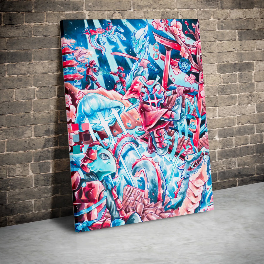 Japanese Samurai Dragon Wall Art | Epic Anime Fantasy Battle Canvas | Gallery Quality 1.25 Inch Profile | Premium Gamer Room Decor Gift