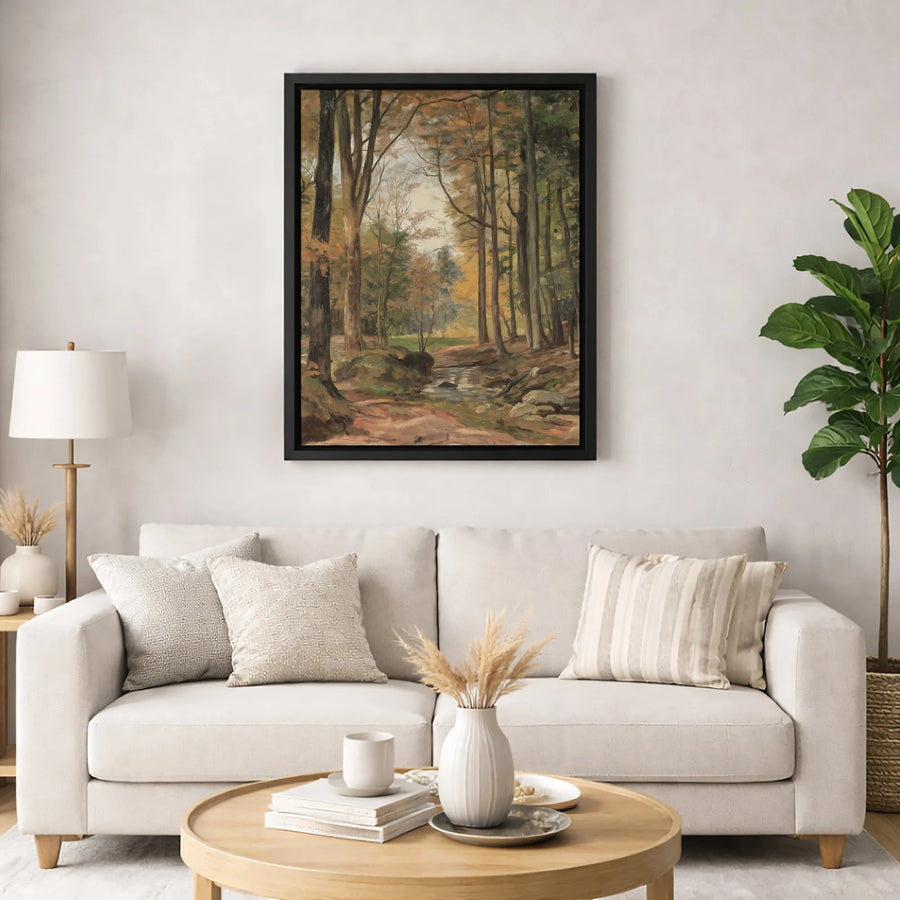 Autumn Forest Landscape Canvas Art | Rustic Woodland Stream Wall Decor | Gallery Quality Premium Print | Cozy Nature Inspired Home Gift