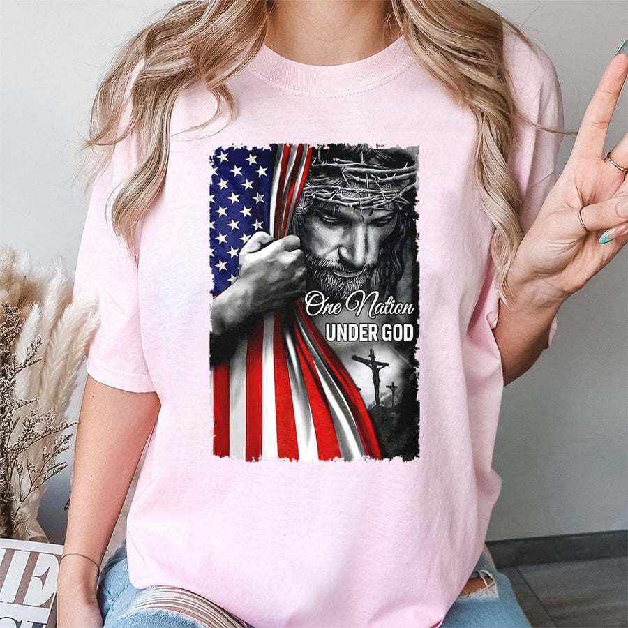 One Nation Under God T-Shirt | Patriotic American Flag & Jesus Design | Premium 100% Cotton | Christian Apparel Gift for Men and Women