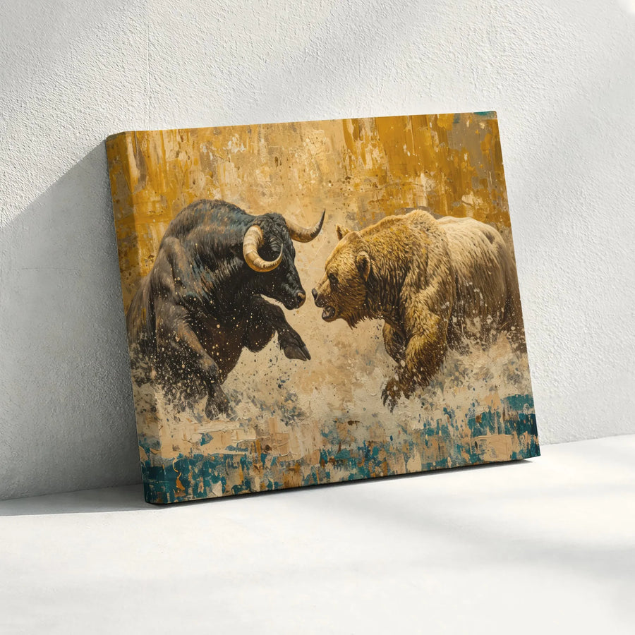 Bull and Bear Canvas Wall Art | Textured Stock Market Painting Print | Premium Gallery Wrapped Canvas | Office Decor Gift for Stock Trader