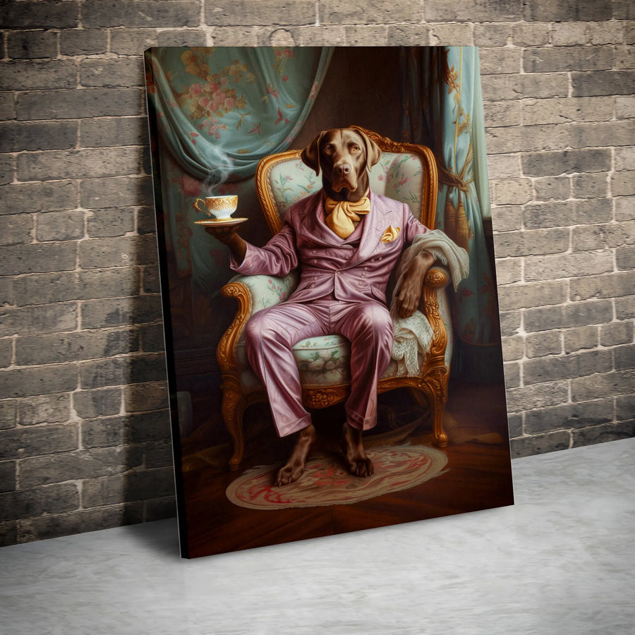 Dog Portrait Wall Art | Distinguished Gentleman in Pink Suit with Teacup | Premium Gallery Wrap Canvas | Unique Animal Lover Home Decor Gift