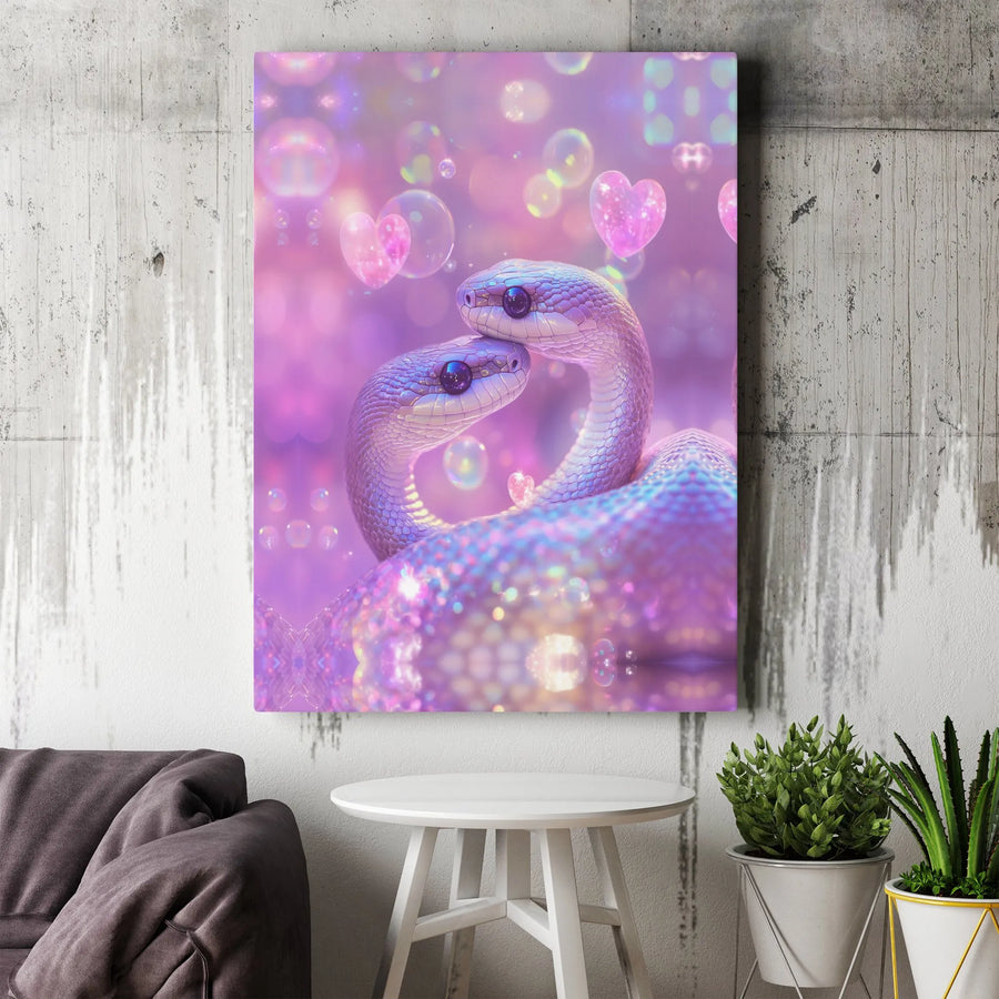 Pastel Snake Couple Canvas Wall Art | Aesthetic Heart Bubbles Print | Premium Gallery-Wrapped Decor | Cute Romantic Gift For Her