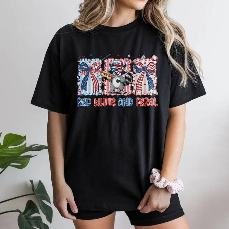 Red White and Feral Raccoon T-Shirt | Funny USA Independence Day Graphic Tee | Soft Breathable Cotton | Patriotic Animal Lover Gift