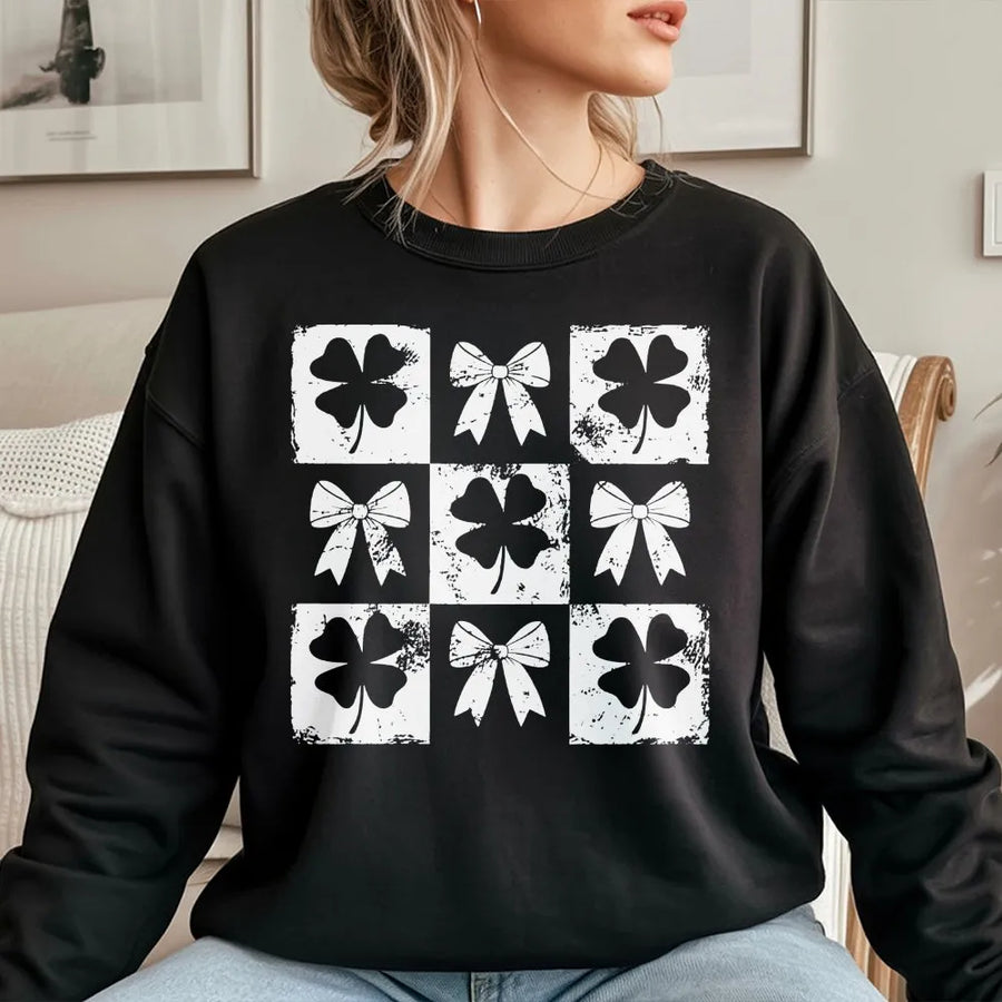 St Patricks Day Sweatshirt | Retro Shamrock and Bow Graphic | Premium Cotton Blend Crewneck | Lucky Clover Gift for Her