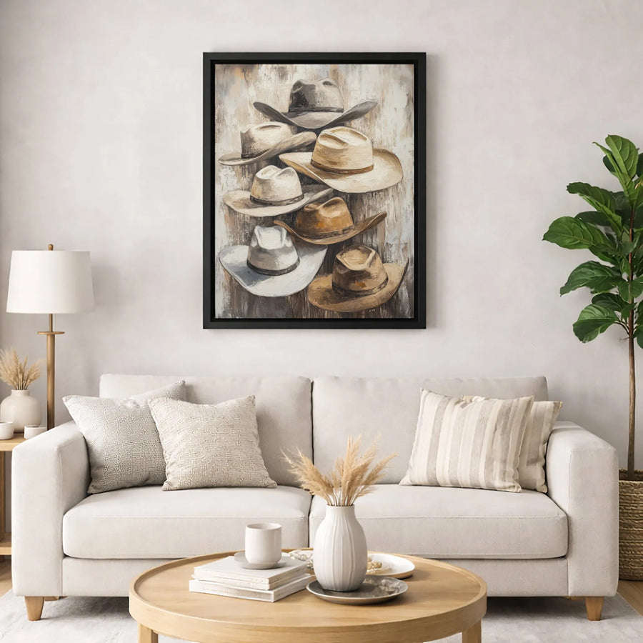Rustic Cowboy Hats Canvas Art | Western Farmhouse Wall Decor | Premium Gallery Wrap Print | Southwestern Style Gift for Ranch Home