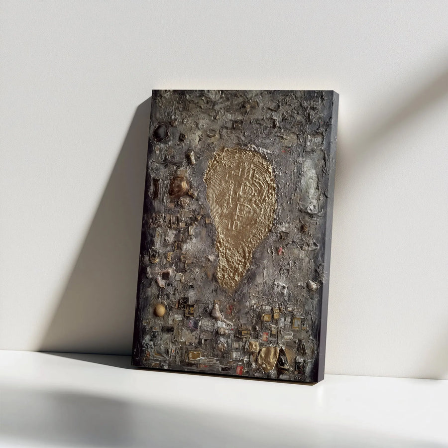 Bitcoin Vertical Canvas | Textured Industrial Abstract Wall Art | Premium 1.25" Thick Gallery Wrap | Collector's Gift for Crypto Investor