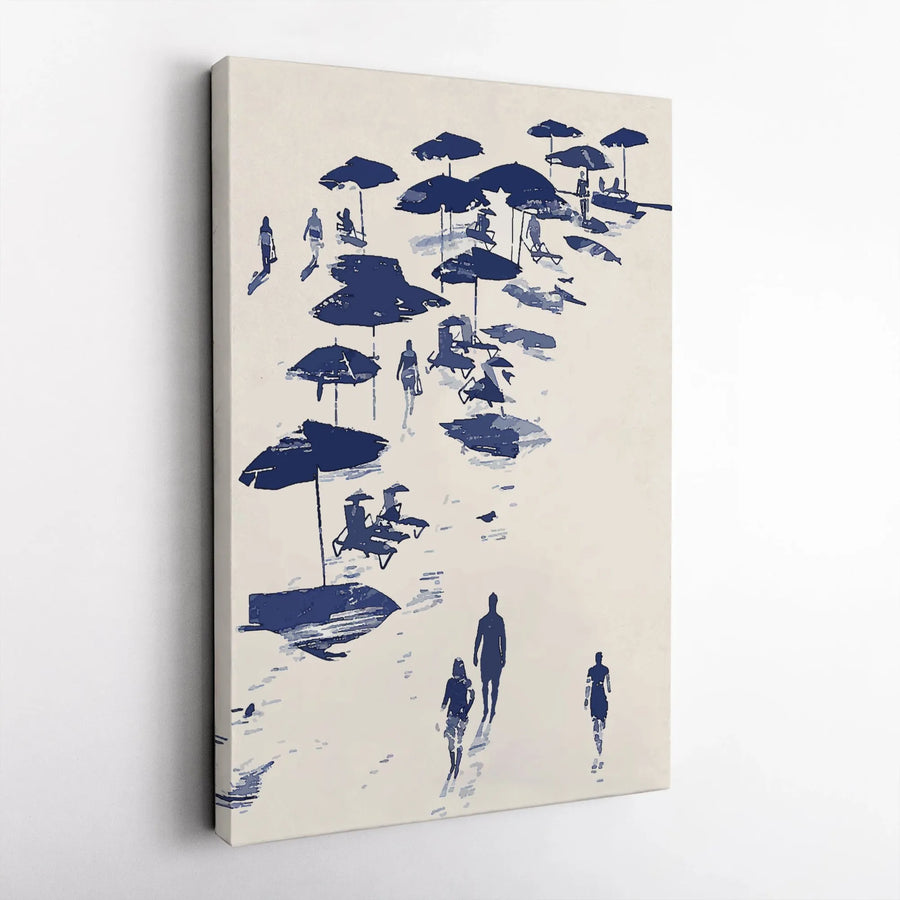 Beach Wall Art | Minimalist Blue Ocean People & Umbrella Sketch | Gallery-Quality 1.25" Canvas Print | Coastal Home Decor Gift