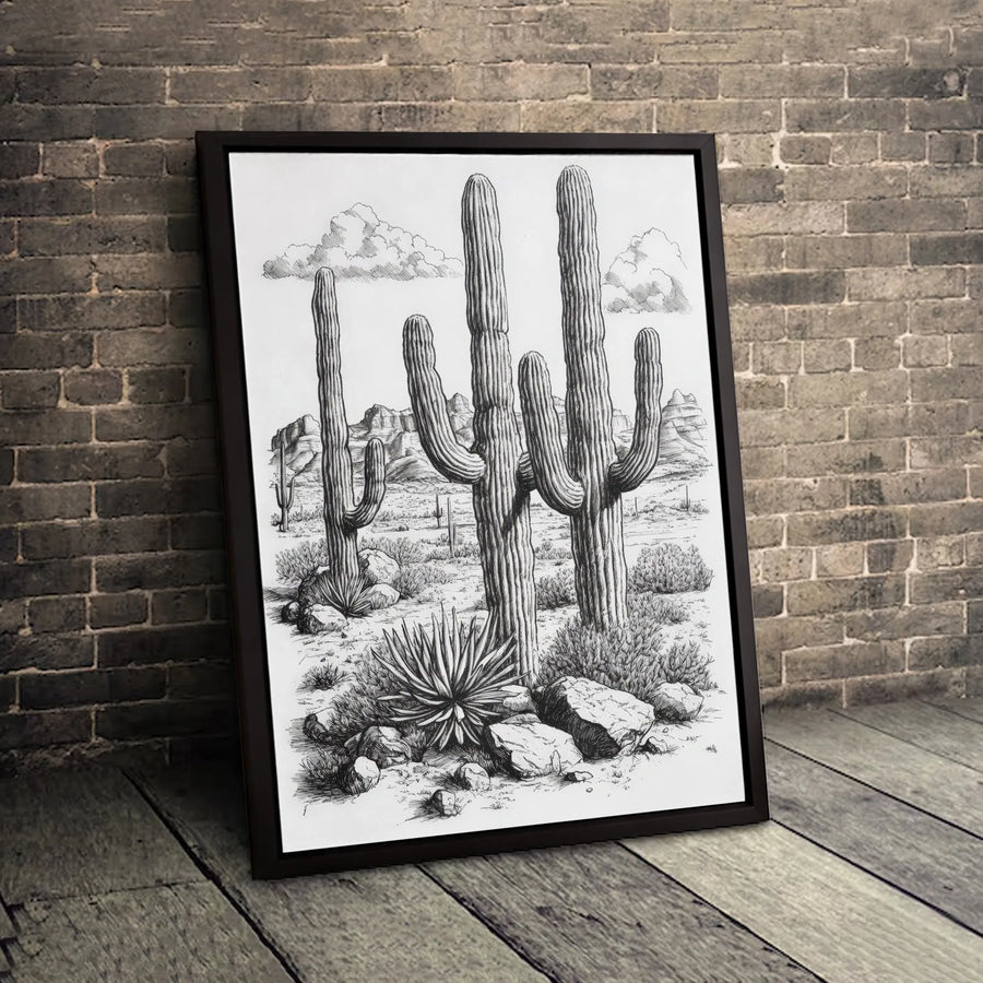 Saguaro Cactus Desert Landscape Wall Art | Black and White Sketch Canvas Print | Premium Gallery Wrap Decor | Southwestern Modern Home Gift