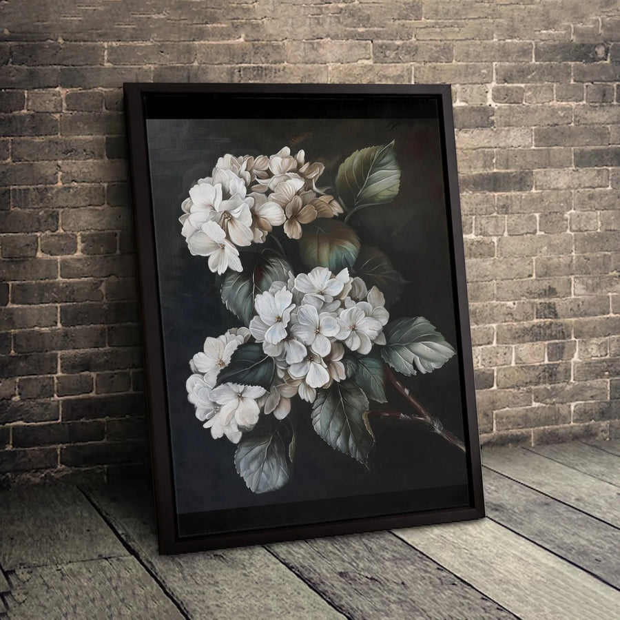 White Hydrangea Canvas Wall Art | Moody Floral Botanical Print | Premium Gallery-Wrapped 1.25" Profile | Elegant Living Room Decor Gift