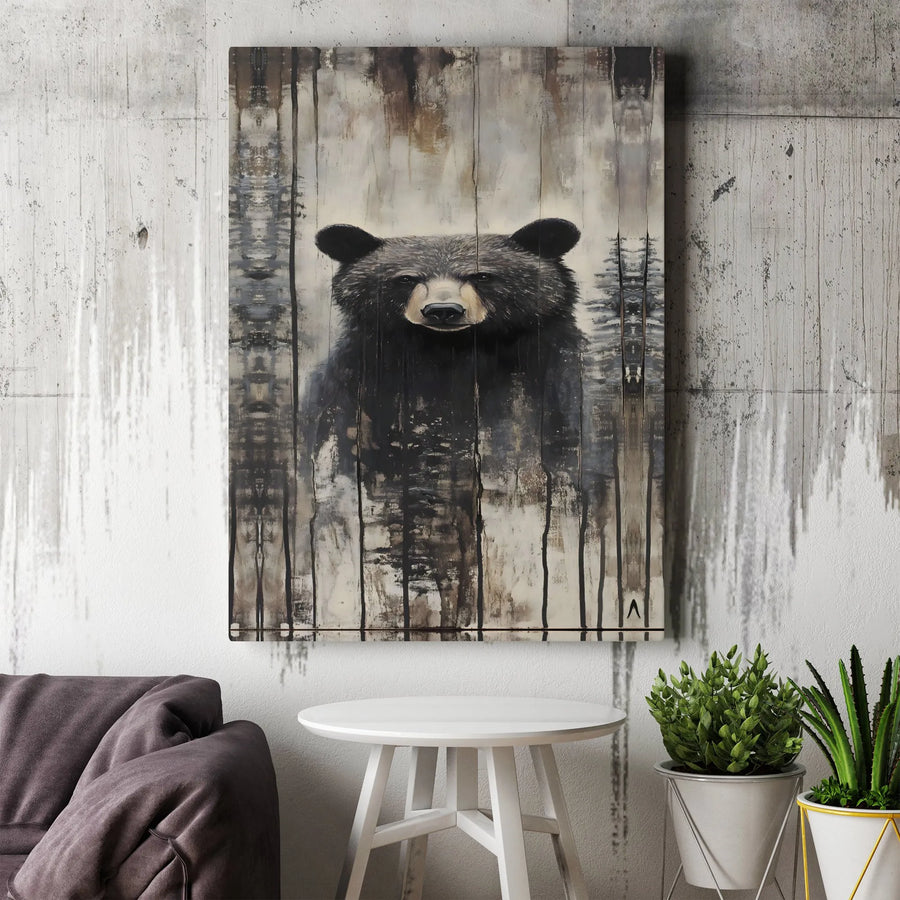 Rustic Black Bear Canvas Wall Art | Abstract Forest Portrait | Gallery Wrap 1.25" Profile | Wildlife Lodge Decor & Nature Lover Gift