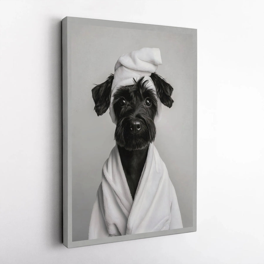 Schnauzer Dog Wall Art | Funny Bathrobe Spa Portrait | Premium Gallery Wrapped Canvas | Whimsical Bathroom Home Decor Gift