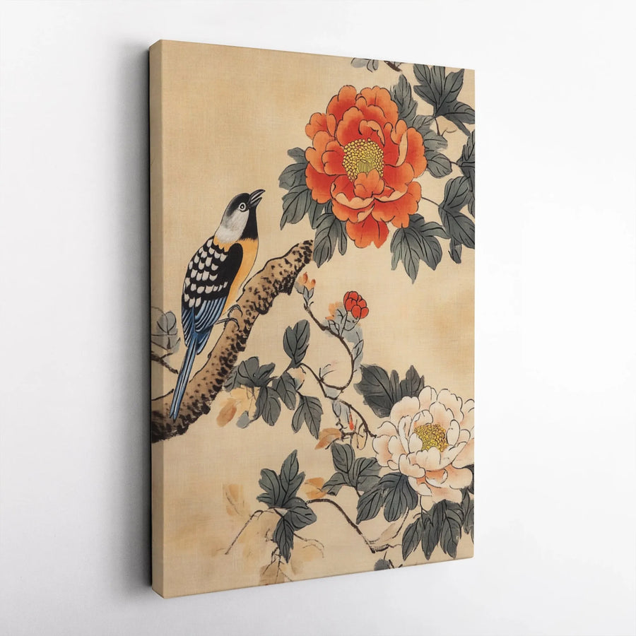 Vintage Japanese Bird and Peony Canvas Print | Traditional Asian Art Style | 1.25-Inch Gallery Wrap | Premium Wall Decor for Living Room