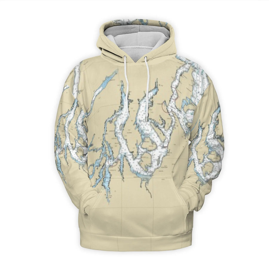 Puget Sound Nautical Chart Hoodie | All-Over Print Map Graphic | Premium Polyester Fleece | Gift For Sailors & Pacific Northwest Lovers