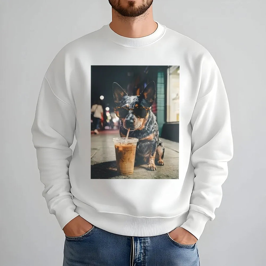 Blue Heeler Sweatshirt | Cool Dog Wearing Sunglasses Drinking Iced Coffee | Soft Cotton Blend | Unisex Gift for Dog Lovers