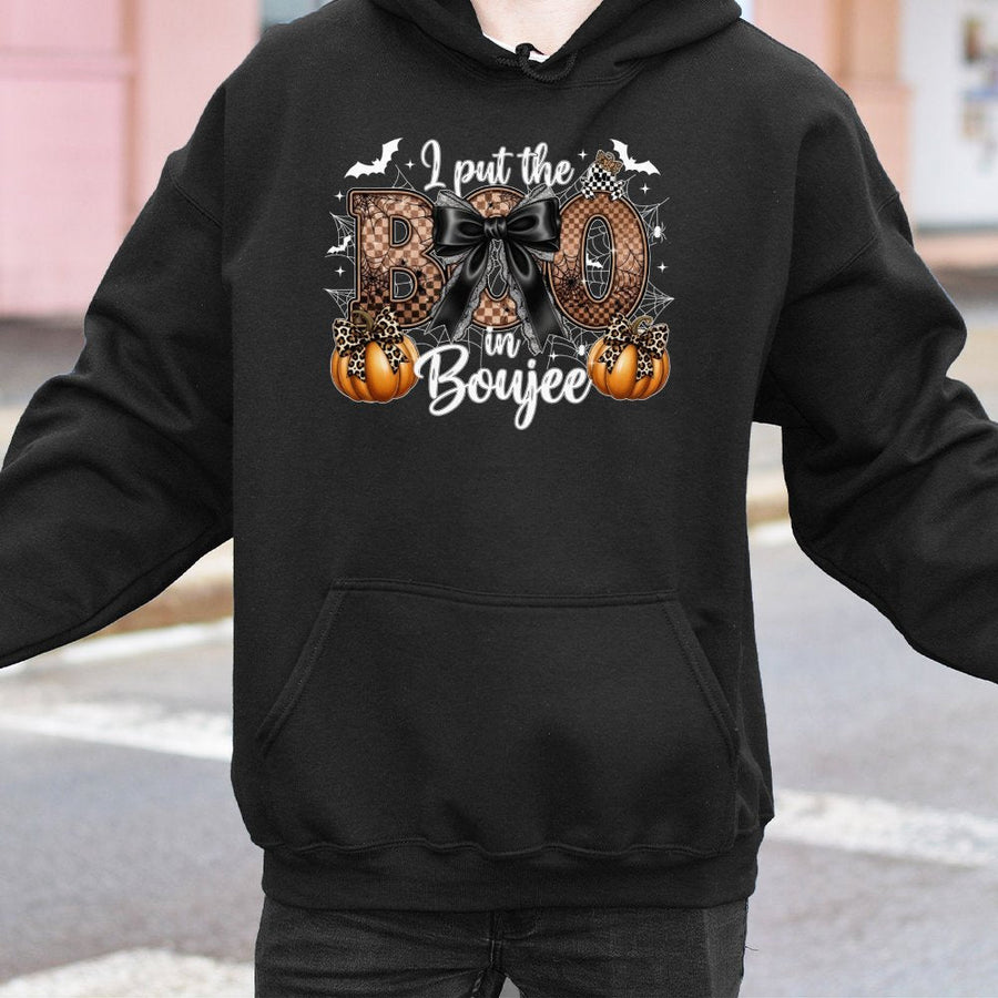 I Put The Boo In Boujee Hoodie | Leopard Print Pumpkin Halloween Design | Premium Soft Blend Pullover | Cute Spooky Aesthetic Gift For Women