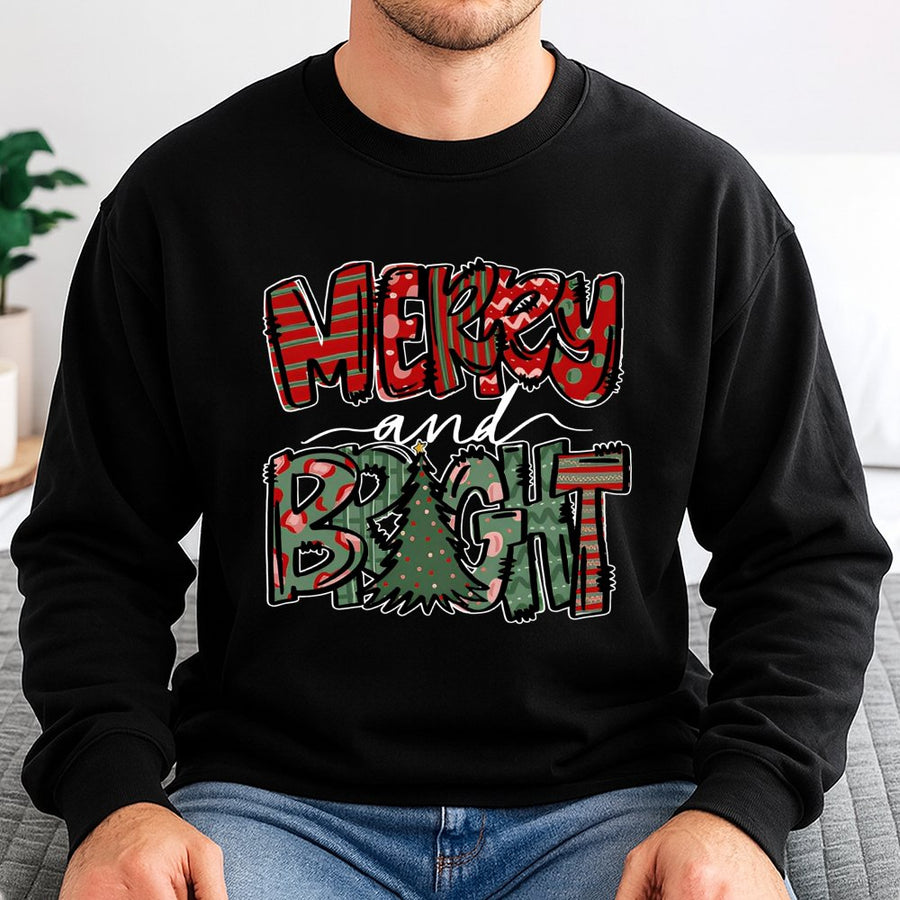 Merry and Bright Christmas Sweatshirt | Festive Holiday Graphic Tree Design | Premium Cotton Blend | Cozy Unisex Gift for Winter Holidays