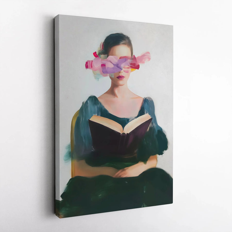 Abstract Woman Reading Canvas Print | Surreal Brushstroke Eyes Artwork | Premium Gallery Wrap Wall Art | Contemporary Decor For Book Lovers