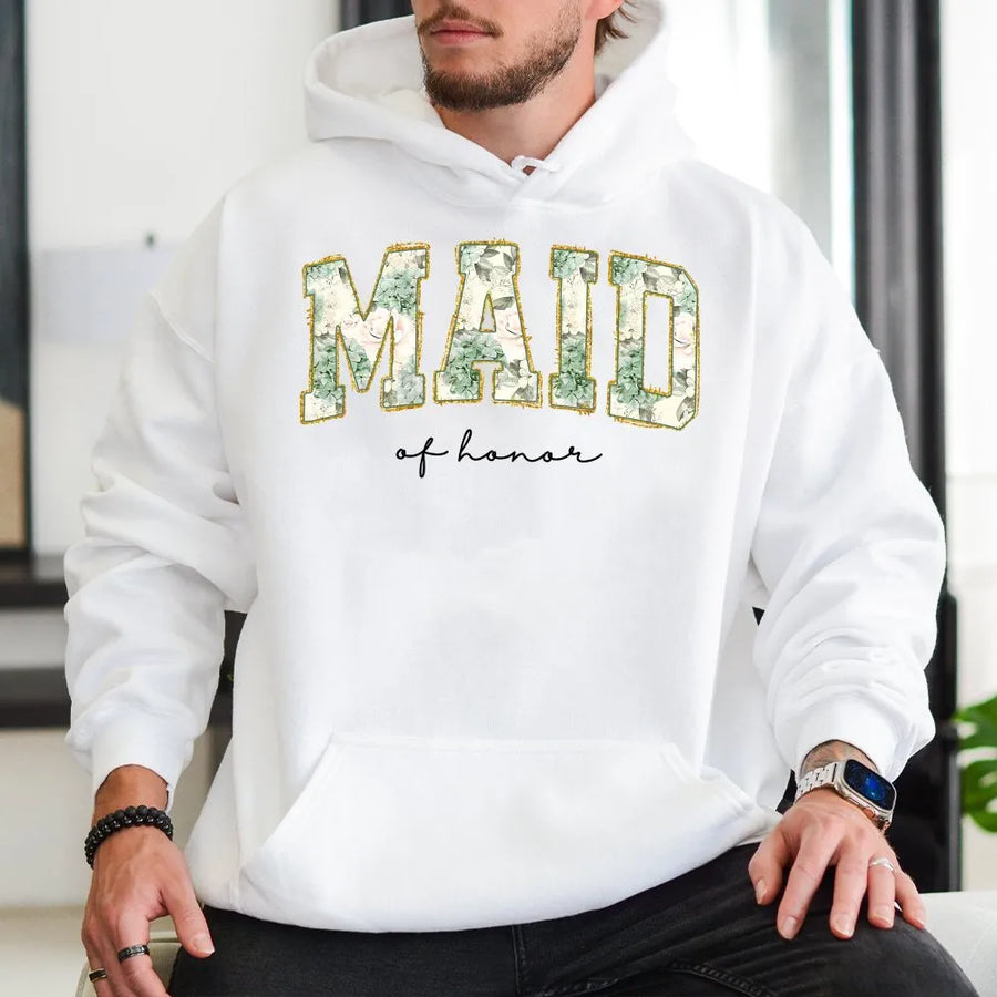 Maid Of Honor Hoodie | Floral Varsity Letter Design | Soft Cotton Blend | Premium Bridal Party Proposal Gift For Bridesmaid