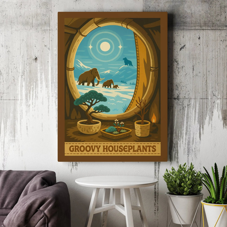 Groovy Houseplants Canvas Art | Vintage Mammoth Ice Age Poster | Premium Matte Print | Collector's Gift for Plant Lover & Retro Decor Enthusiast