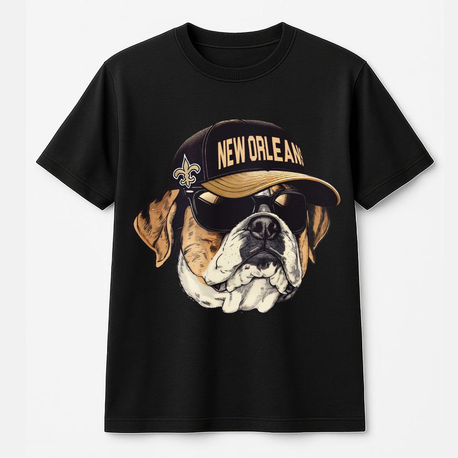 New Orleans Saints Fleur-De-Lis Logo Bulldog With Sunglasses T-Shirt