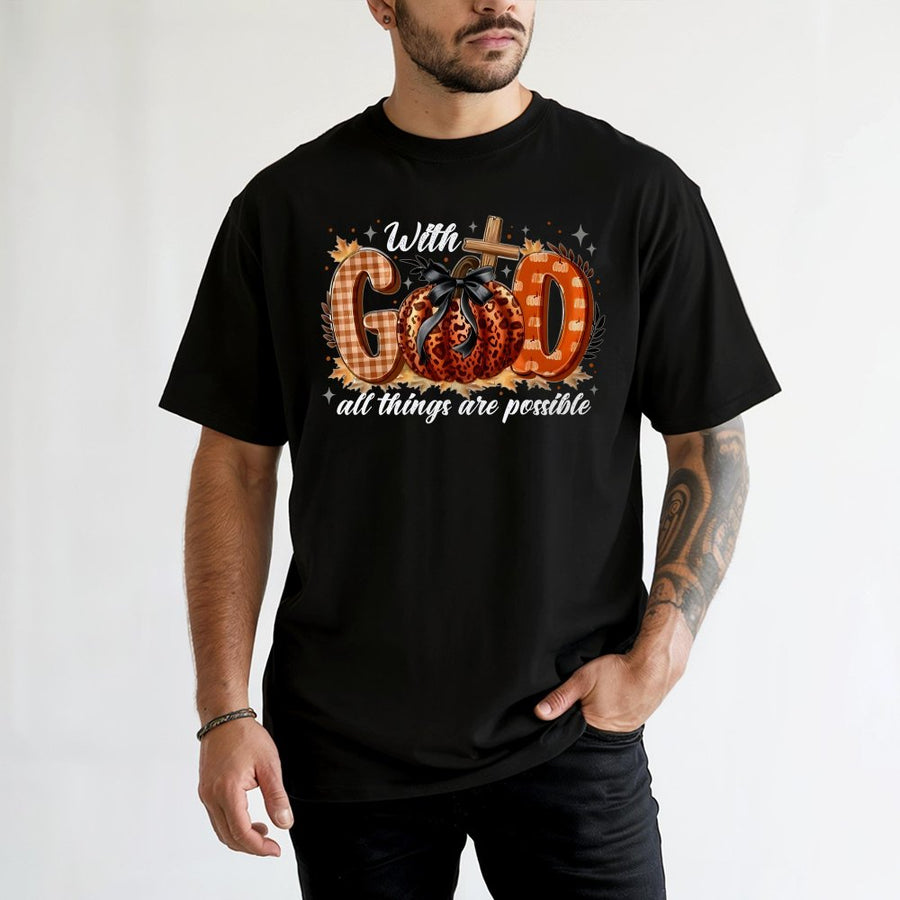 With God All Things Are Possible T-Shirt | Christian Leopard Pumpkin Fall Graphic | 100% Cotton Premium Tee | Faith-Based Autumn Gift for Women