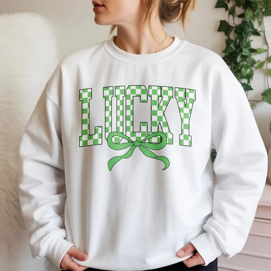 Lucky St Patricks Day Sweatshirt | Retro Green Checkered Bow Coquette Graphic | Premium Cotton Blend | Unisex Holiday Gift for Women