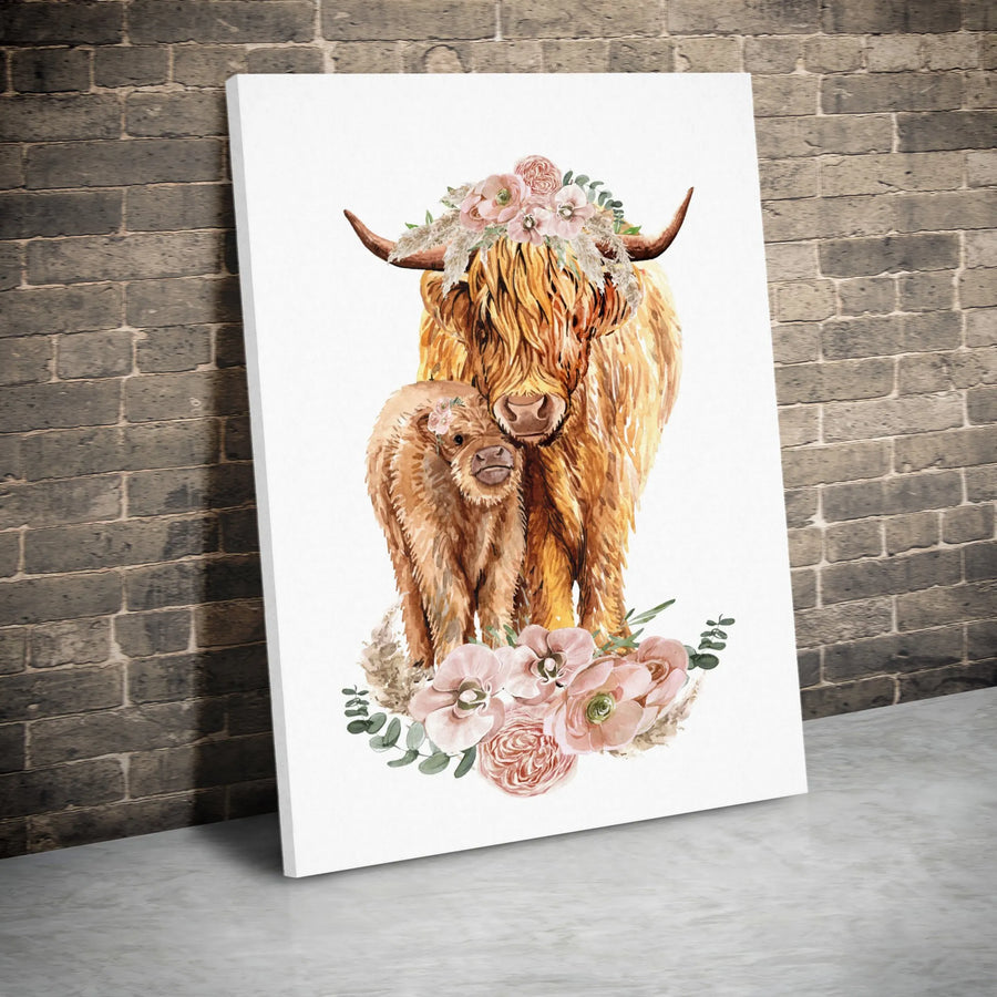 Highland Cow Wall Art | Watercolor Mother and Calf with Floral Crown | Premium Gallery-Wrapped Canvas | Nursery and Farmhouse Home Decor