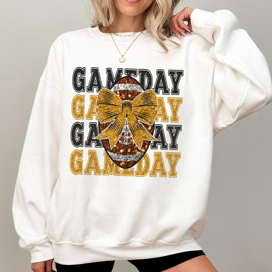 Gameday Football Sweatshirt | Gold Glitter Bow Graphic Design | Premium Cotton Blend | Trendy Coquette Game Day Apparel for Women
