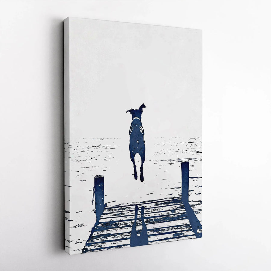 Dog Jumping Off Dock Canvas Art | Minimalist Blue Pet Silhouette Print | Premium Gallery Wrapped 1.25" Profile | Gift for Dog Lovers & Home Decor