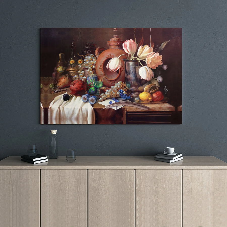 Still Life Oil Painting Print | Tulip and Fruit Arrangement | Premium Gallery Wrapped Canvas | Fine Art for Home and Office Decor