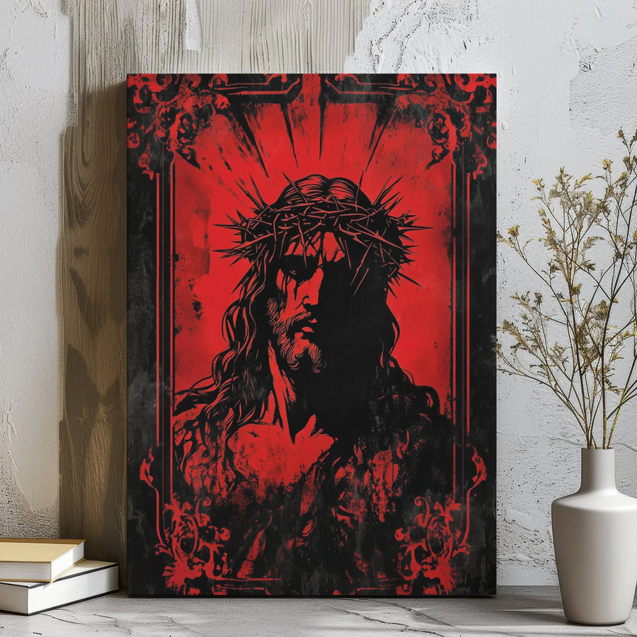 Jesus Christ Canvas Wall Art | Gothic Red and Black Portrait | Premium Gallery Wrap Print | Religious Home Decor Gift